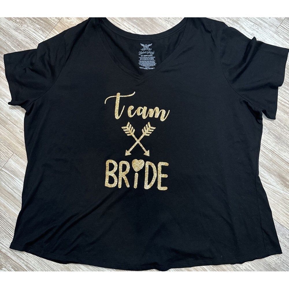 Team Bride Faded Glory Plus Size 5X‎ Top Shirt Sleeve Black